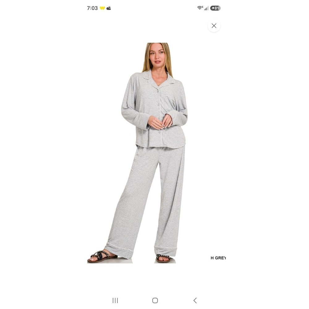 Zenana Pajama Set Heather Gray Long Sleeve Button Down Wide Leg Loungewear XL